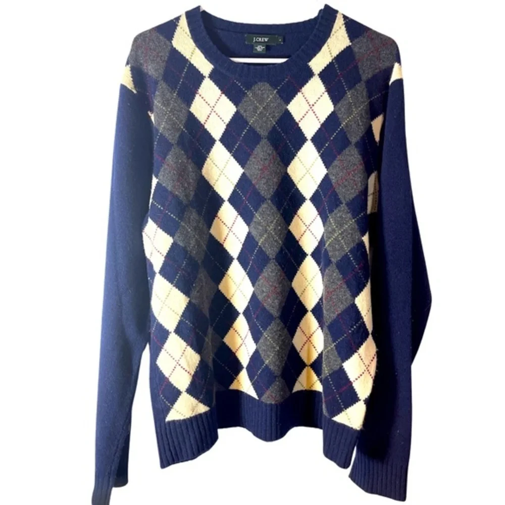 J Crew Men’s 100% Lambswool‎ Navy Blue Argyle V-Neck Sweater